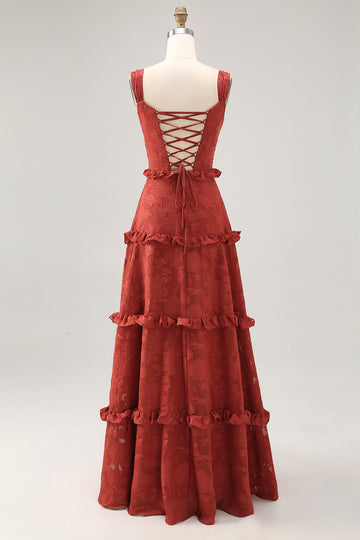 Floral Terracotta Ruffled A Line Long Wedding Guest Dress